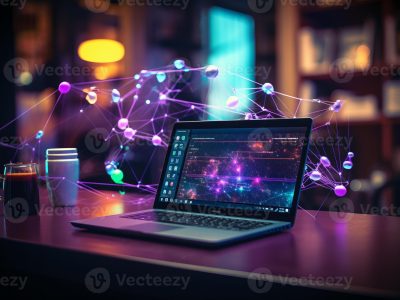 laptop-with-abstract-network-hologram-on-dark-office-interior-background-3d-rendering-ai-generated-photo laptop-with-abstract-network-hologram-on-dark-office-interior-background-3d-rendering-ai-generated-photo